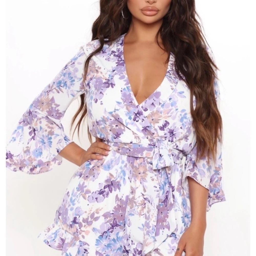 Fashion Nova White Floral Lavender Tie-Waist Romper